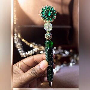 Elegant Handmade Green Beaded Pen with Rhinestones